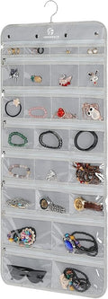 Freegrace Hanging Jewelry Organizer with Secure Zipper Closure - 360° Revolving Hanger, 25 Clear Pockets, 23 Necklace Hooks - Foldable Travel Storage & Closet Display (Gray)