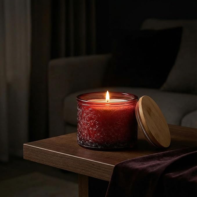 10 oz Embossed Glass Candle Container with Bamboo Lids and Labels, Red Candle Jars for Making Candles,Mandala Design - Pack of 9