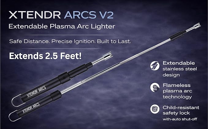 V2 Extendable 2.5 Feet. Arc Extra Long Lighter, Flameless Fireplace Stove Electric Candle Lighter, Long Neck for Pilot Light, Grilling, Firepit, Kitchen, BBQ (Black)