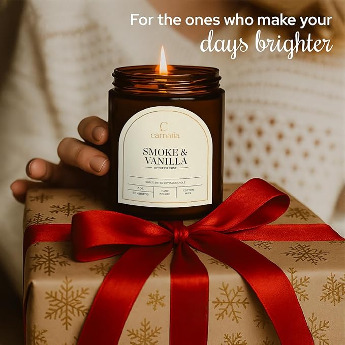 Carnatia Smoke & Vanilla Scented Candle – 7 oz | 100% Soy Wax with Cotton Wick | 50 Hour Burn | Aromatherapy Candle for Home, Cozy Mood & Relaxation | Gift for Women & Men