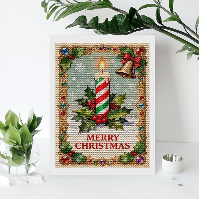 AIVKIEJK Diamond Painting Kits for Adults - Merry Christmas Candle & Holly Accents Painting DIY 5D Full Drill Diamond Dots Paintings with Diamonds Gem Art and Crafts Home Decor 12"x16"