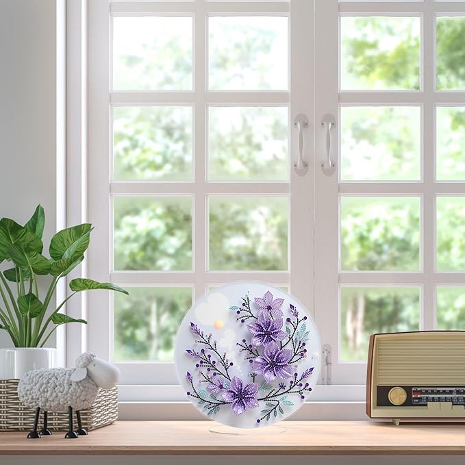 ARTopet DIY Diamond Desktop Ornament PET Irregular Shape Special Shaped Crystal Double Sided Pattern Single Sided Diamond Art Painting Tabletop Home Ornaments Decor (Purple Flowers02)