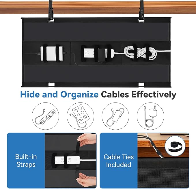 SHUWEI 48" Under Desk Cable Management Tray, Premium Fabric Cable Management for Desk, Clamp/Screw Mount Cable Tray for Office and Home, Black