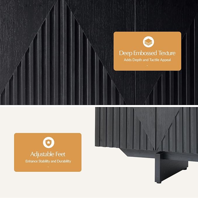 HULALA HOME Mid Century Modern Solid Wood Sideboard with Triangle, 4 Door Fluted Buffet Cabinet with Storage, 58" Sideboard Cabinet with Adjustable Shelves, Black