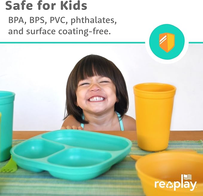 Re-Play Toddler Plates with Dividers - Deep-Walled 3 Compartments Divided Plates for Kids - Dishwasher & Microwave Safe - Made in USA - Set of 4-7.37" x 7.37" x 1.25" - Meadow