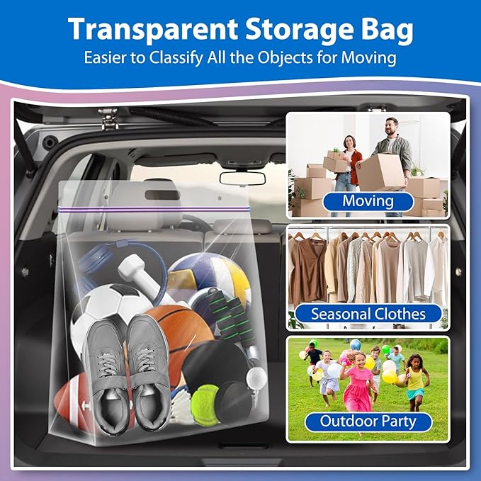 5 Gallon Zipper Bags with Handle and Bottom, Pack of 12, Heavy Duty Clear Handy Plastic Storage Bag, 18"x24" Reusable Large Zip Storage Bag for Sports, Travel, Moving and Clothes, 3-Mil Thick