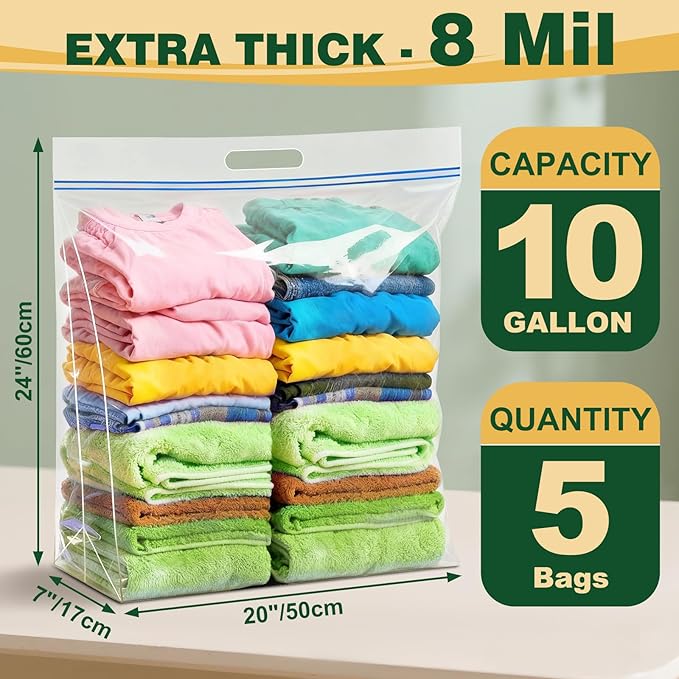 TUXIYA 5 PACK Extra Large Storage Bags, 10 Gallon 24"x20"x7", Resealable Clear Bags with Handle, XL Heavy Duty for Clothes Travel Moving, Double Zipper Seal, Expandable Bottom, Thick 8 Mils