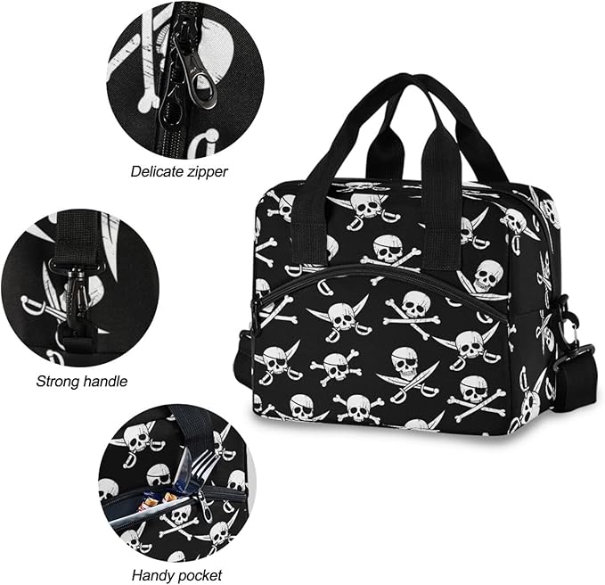 CBBYY Pirate Skull Lunch Bags for Women Men, Reusable Insulated Lunch Box, Adjustable Shoulder Straps Tote Lunch Bag for Work Picnic School