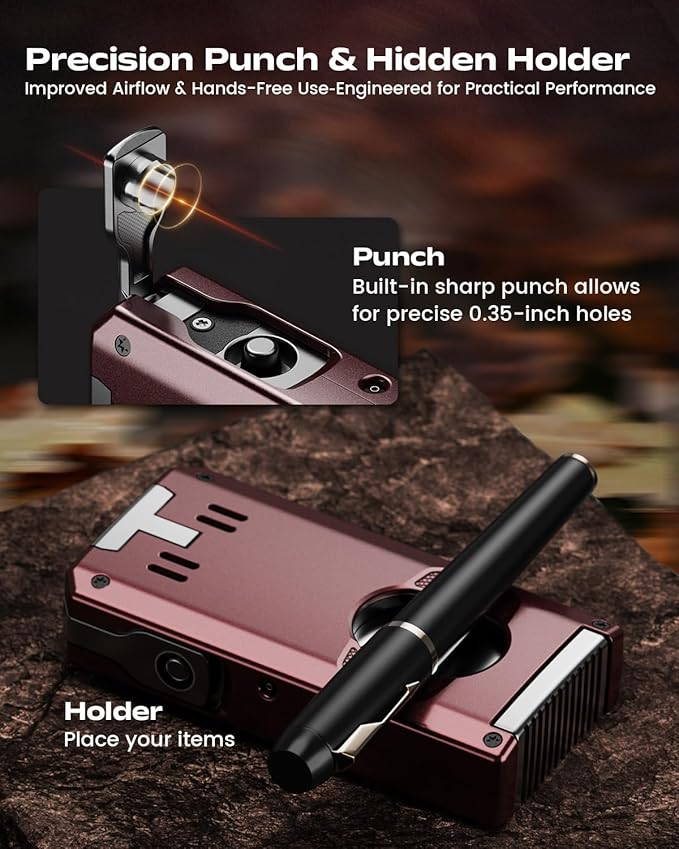 5-in-1 Torch Lighter with Straight & V Cut Cutter, Punch, Holder, Double Jet Flame Windproof Lighters, Butane Refillable Torch Lighters with Accessories Tool, for Men, Candles(Without Gas)