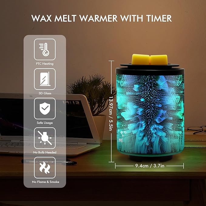 Electric Wax Melt Warmer with Timer (2/4/8H), 7-Color Changing LED Night Light, Removable Silicone Dish, PTC Safe Heating - 3D Glass Design for Home, Office Décor, Gifts for Mom