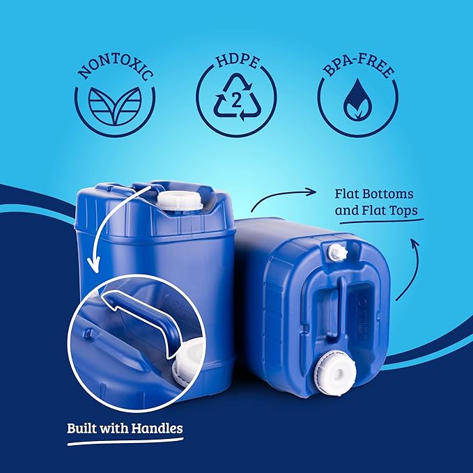 5-Gallon Stackable Water Container kit (60 Total Gallons), 12 Pack, Blue, BPA Free, High Density Polyetholene (HDPE) w/Built in Handle w/(2) Bottles of Water Preserver & 4 Additional Lids & 4 Spigots