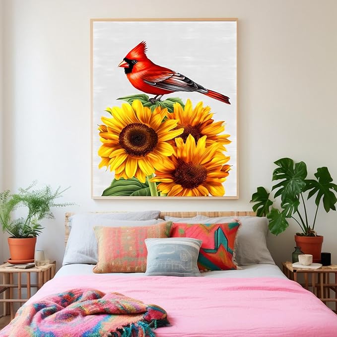 GUAIEUW Sunflower Red Bird Diamond Painting Kit for Adults, Full Round Diamond Cardinal Bird 5D Diamond Painting DIY Art Crafts for Winter Home Wall Decor Holiday Gift 16x20 Inch