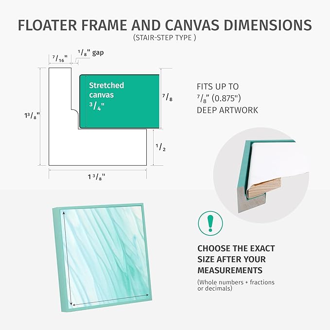 Pixy Canvas Custom Sized Floater Frame for 3/4 (0.75) inch Deep Canvas Paintings/Canvas Prints/Wood Canvas Panels/Wall Art/Wall Decor/Home Decor/Artwork (White, Custom Size, Square)