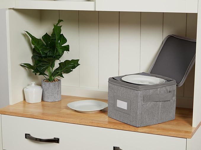 Covermates Dish Storage Box – China & Dinner Plate Storage Container with Dual Zippers, Reinforced Handles, ID Window & Stackable Structured Walls for Dishware Organization, Grey Heather