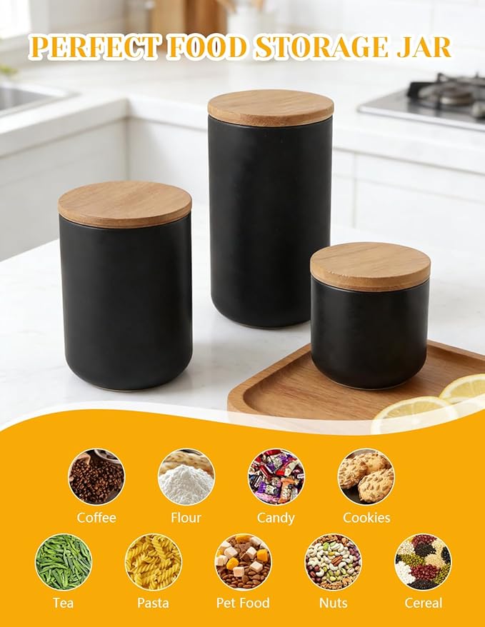 YYW Ceramics Food Storage Jar Canister with Seal Bamboo Lid, Simple Style Kitchen Canister for Food Storage, Store Coffee, Sugar, Tea, Spices and More (Black (33.81oz/1000ml))