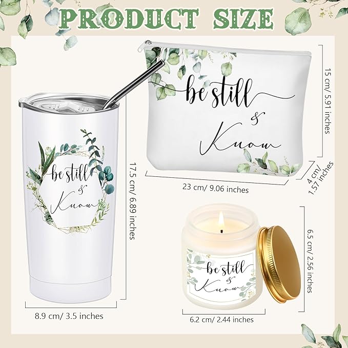 Sieral 3 Pcs Christian Easter Gift Set for Women 20oz Tumbler, Prayer Candle & Bible Verse Makeup Bag, Inspirational Religious Church Faith Birthday Gift for Mothers Day Mom(Be Still and Know)