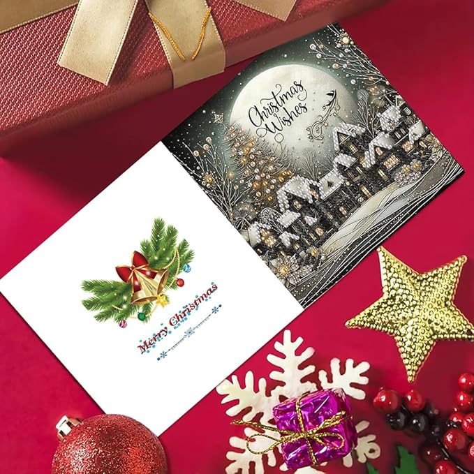 6PCS Diamond Art Christmas Cards with envelopes, Festive Holiday Greeting Cards Kit, Christmas Diamond Art Kits for Adults