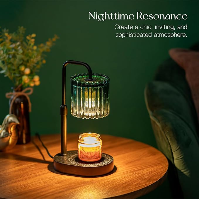 Candeldo Candle Warmer Lamp with Timer: Emerald Green Candle Warming Lamp with 2 Bulbs Height Adjustable Wax Melt Dimmable Bedroom Decor for Women