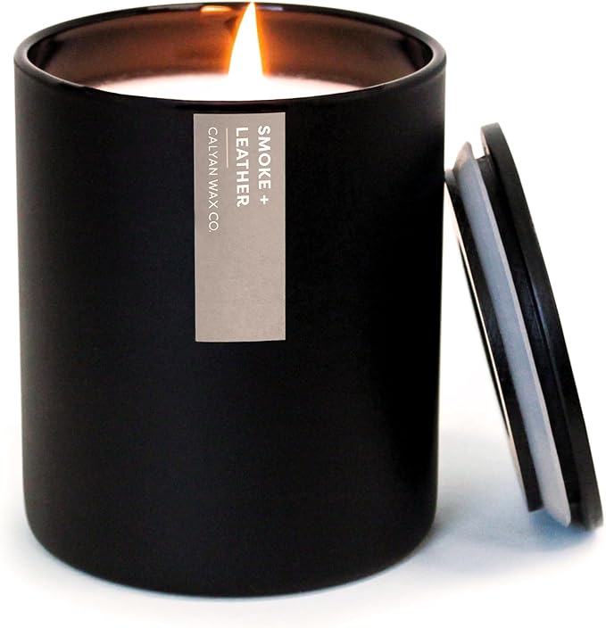 Calyan Wax Co. Smoke & Leather Scented Candle - 75 Hour Burn - Luxury Non Toxic Soy Wax Candles - Long Lasting Black Tumbler Jar Candle for Home - 10.2oz