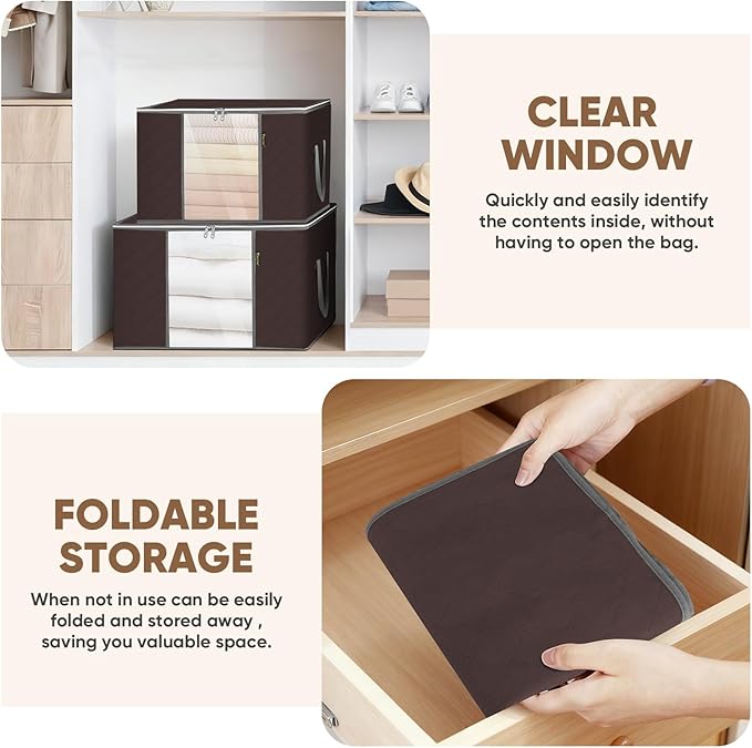 BALEINE 2 Pack Clothes Storage Bags, 16 Gallon Storage Containers with Reinforced Handle, Sturdy Zipper, Closet Organizer for Blanket, Comforter, Pillow, Bedding (Brown, 2 Pack)