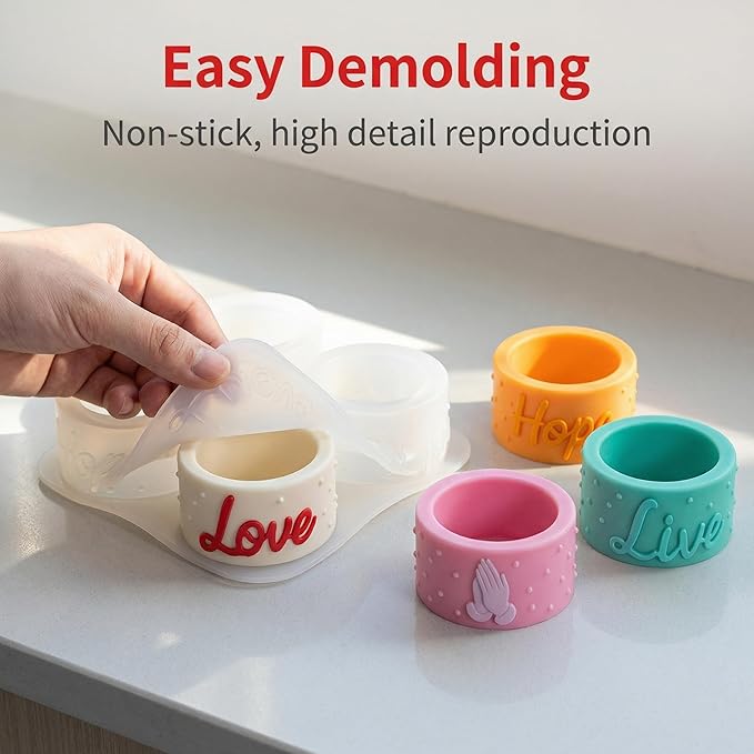 4-Cavity Silicone Candle Mold, Embossed Candle Holder Mold with English Words, Hand Gestures & Polka Dots for DIY Pillar Candles, Resin, Soap, Plaster - Make Elegant Home Decor（5523）