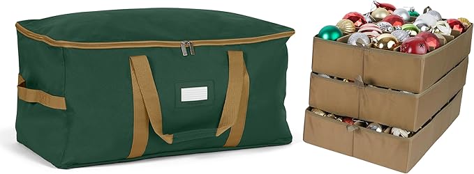Covermates Keepsakes Adjustable Ornament Storage Bag – Heavy-Duty Polyester, Padded Dividers & FlexGrid Trays – Protective Holiday Ornament Organizer with Handles & Label Window, Green