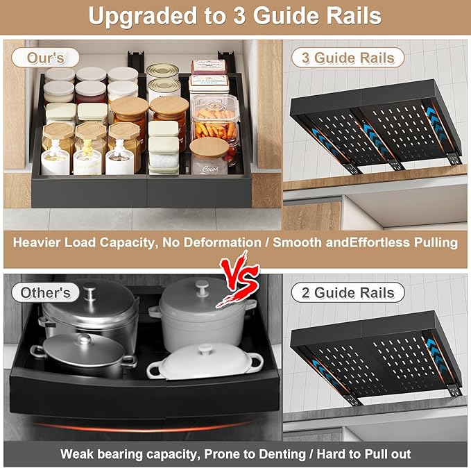 2Pc Pull out Cabinet Organizer,Width (14"-21"),Depth(17"-24") Expandable with 3 Rails,No Drill Roll out Drawers,Adhesive Sliding Drawers,Slide out Shelves for Cabinets Without Lip,Kitchen,Pantry,Black
