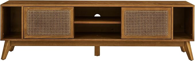 Amposei Mid Century Modern TV Stand Entertainment Center for 65/70/75 inch TVs, Sliding Rattan Door Wooden Console Storage Cabinet with Wood Legs for Living Room, Light Walnut