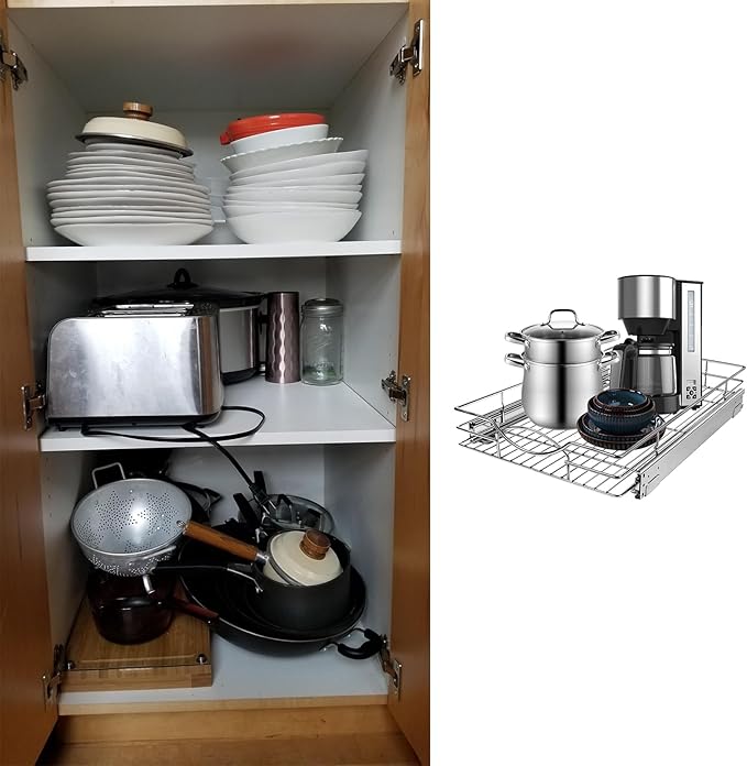 Sikarou Pull Out Cabinet Organizer 20" W x 21" D, Heavy Duty Kitchen Cabinet Pull Out Shelves, Slide Out Wire Basket for Kitchen Cabinets, Bathroom, Pantry, Chrome Finish