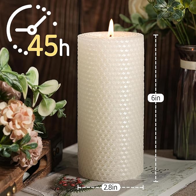 8 Packs Beeswax Pillar Candles - 360 Hours Long Burning, Handmade Handcrafted Honeycomb Bees Wax Candle for Home, Prayer, Unscented Pillar Candle (2.8x6 in)
