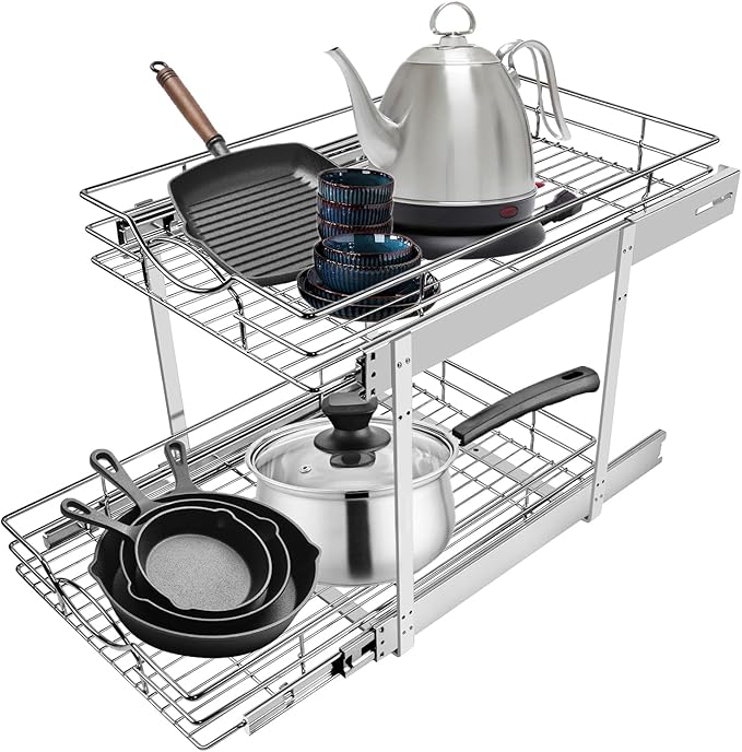 Sikarou Pull Out Cabinet Organizer 14" W x 21" D 2-Tier Individual Slide Out Drawer Pantry Shelf Storage for Kitchen Base Cabinet Organization for Kitchen, Bathroom, Pantry, Chrome