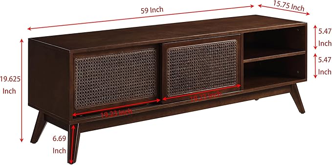 Amposei Mid Century Modern Wooden TV Stand Entertainment Center for 55/60/65 inch TVs, Sliding Rattan Door Console Storage Cabinet with Wood Legs for Living Room, Walnut