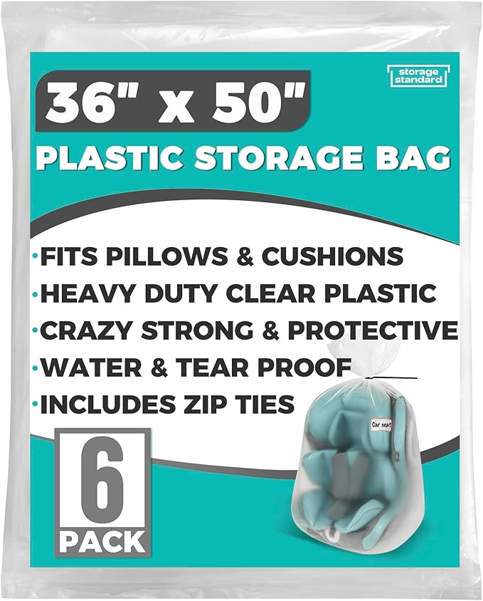 Storage Standard Large Clear Plastic Bags for Storage 6-Pack - Waterproof Extra Large Plastic Bags with Zip Ties, Heavy-Duty Cover for Pillows, Comforters, Chair Cushions & Textiles - 36 x 50 Inches