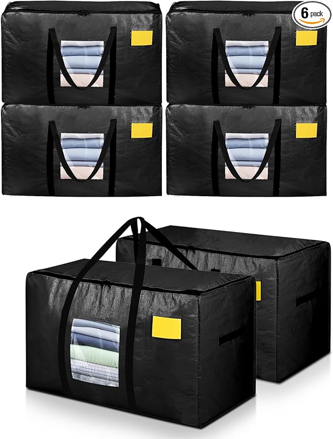 Extra Large Moving Bags, 6 Pack Heavy Duty Storage Bags Boxes Bins Totes with Hnadles Zippers Visible Window for Clothes College Dorm Travel, Black