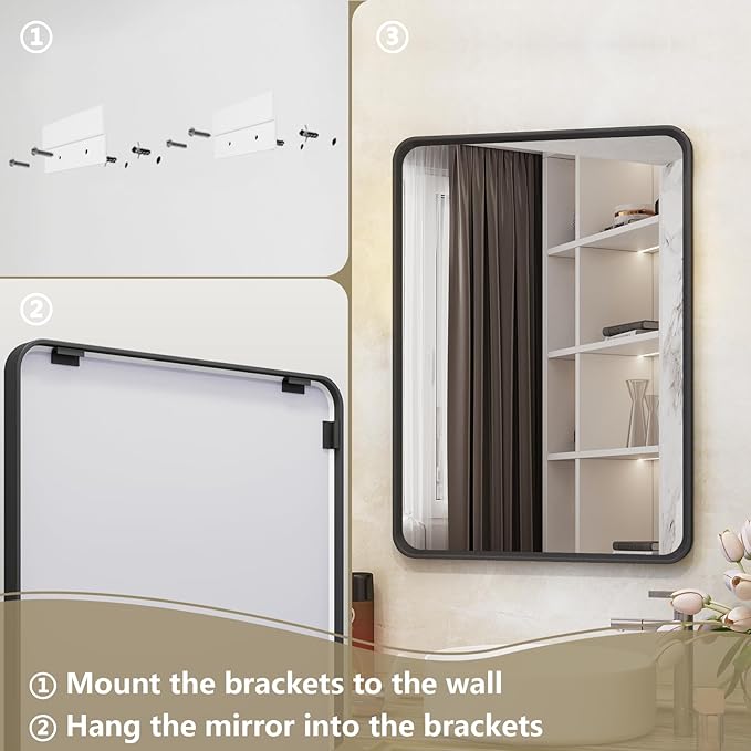 OKPAL 72X36 Inch Black Metal Frame Bathroom Mirror, Black Large Rounded Rectangle Mirror for Wall, Matte Black Bathroom Vanity Mirror, Large Modern Bathroom Mirror, Anti-Rust, Shatterproof