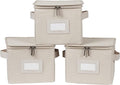 Covermates Keepsakes Zip-Top Storage Box Set, 3 Pack Heavy Duty Polyester Organizer Bins, Stackable Design, ID Window, Reinforced Handles, Closet Home Storage, Beige Heather