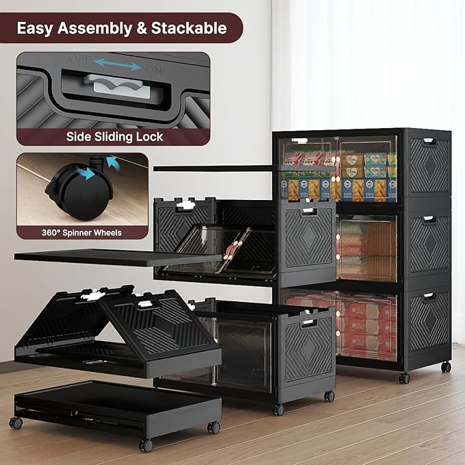 Stackable Storage Bins with Lids & Wheels & Door, Foldable Collapsible Closet Organizers, Extra Large Plastic Storage Drawers for Bedroom Dorm Office Garage (Dark-112QT, 3Pack with 1 top lid)
