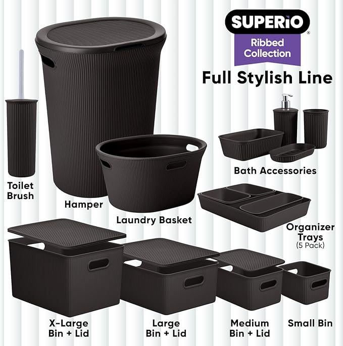 Superio Ribbed Collection - Decorative Plastic Basket Open Home Storage Bins Organizer, Large Brown (1 Pack) Container Boxes for Organizing Closet Storage Bins for Shelves 15 Liter/16 Quart