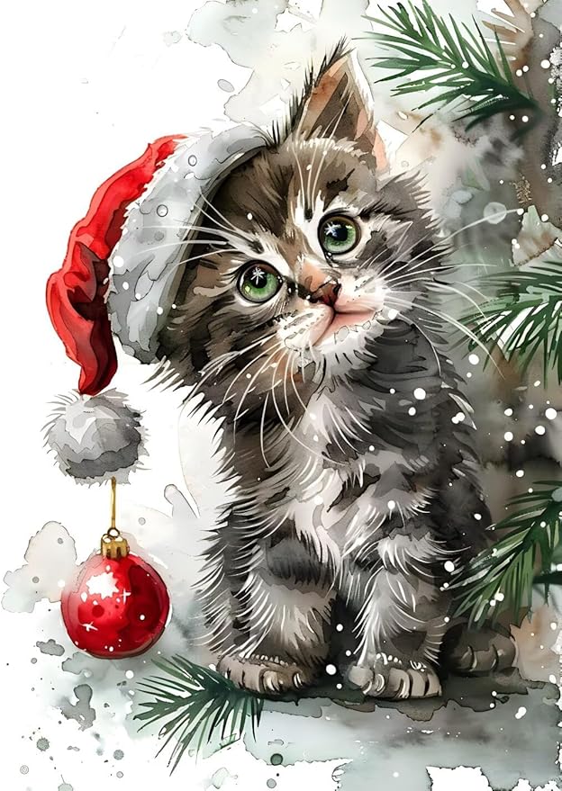 QZOTRXI Winter Diamond Art Kits for Adults,Christmas Cat Diamond Painting Kits for Beginners, DIY Round 5D Gem Art Kits and Art Crafts for Home Decor 8x10 Inch