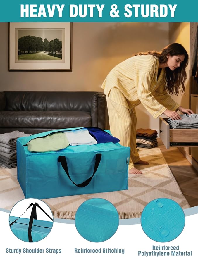 WORKPRO 8 Pack Extra Large Moving Bags with Zippers & Carrying Handles Backpack Straps, Heavy-Duty Storage Tote for Space Saving Moving Storage (Blue)