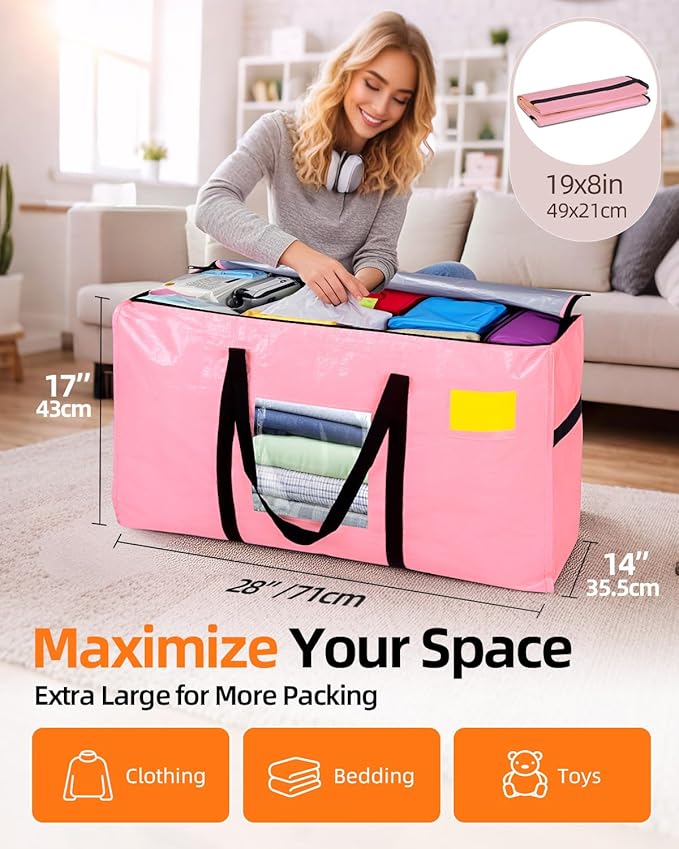 Extra Large Moving Bags, 4 Pack Heavy Duty Storage Bags Boxes Bins Totes with Hnadles Zippers Visible Window for Clothes College Dorm Travel, Pink
