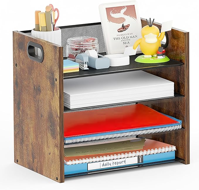 Wood Desk Organizer - 4-Tier Desktop File Organizer, Wooden Paper Organizer, Office Desk Organization for Accessories, Papers, Mail, Notebooks, Stationery