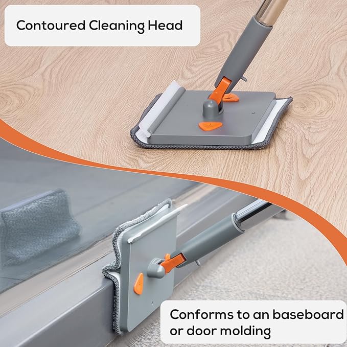 Base Board Cleaner Tool,Wall Cleaning Mop with 360° Rotation, 180° Folding Ceiling Duster Tool , Adjustable Long Handle for Effortless Walls, Window,Floor - 8 Replacement Cleaning Pads