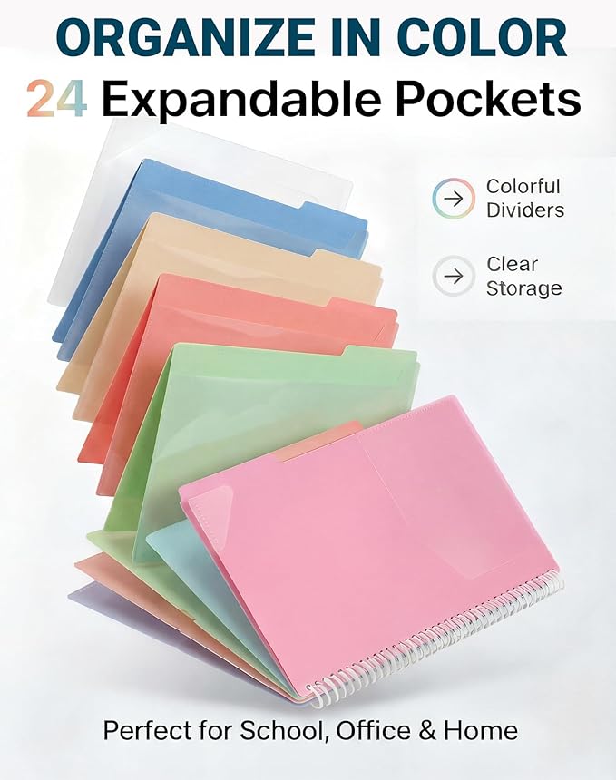24 Pocket Project Organizer Folder by Dinceer, Letter Size Expandable File Organizer with 12 Color Dividers, Quick View Clear Cover Pocket, Inner Zipper Pouch, Heavy Duty Plastic