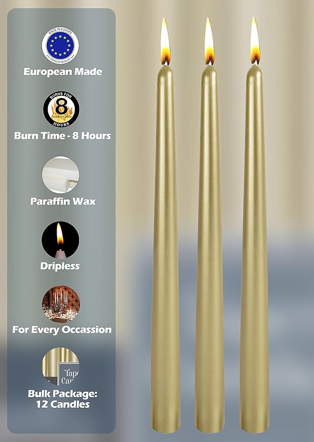 Hyoola Tall Metallic Cream Gold Taper Candles - 10 Inch - Dripless - 12 Pack - 8 Hour Burn Time