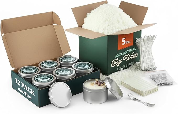 Hearth & Harbor 5 lbs. Soy Candle Wax with Supplies, 4 oz. 12 Pack Tin Jars with Lids, Cotton Candle Wicks, Wick Stickers and Centering Devices - Soy Wax Flakes with Containers for Candle Making