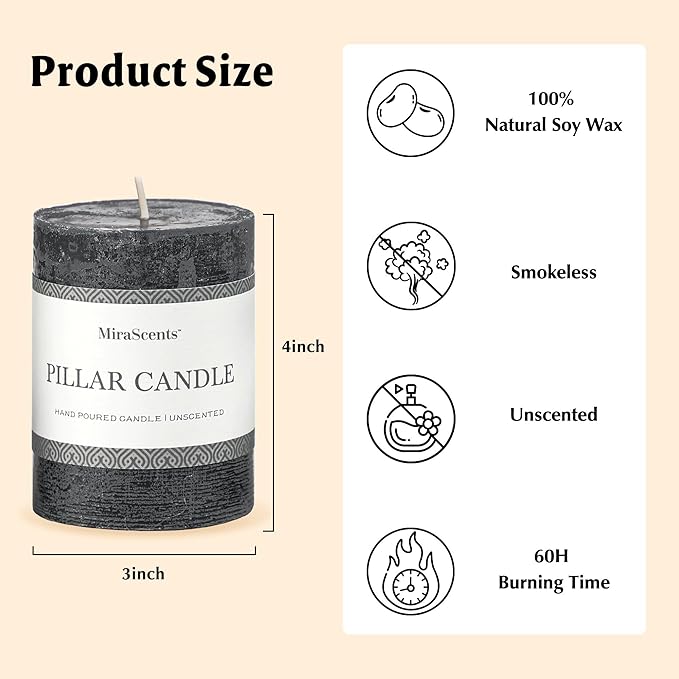 3x4 Inch Black Pillar Candles Set of 3 - Hand-Poured Unscented Candles, Long Clean Burning, Large Big Candle, Smokeless Dripless Candle for Dinner Table, Wedding, Home, Bathroom, Gothic Decor