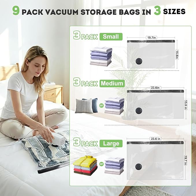 Mapambo Vacuum Storage Bags with -60000Pa USB Pump, 9 Pack Vacuum Seal Bags for Clothing Travel in 3 Sizes, Travel Vacuum Bags with Pump, Saving up to 80% of Luggage Space (9 Combo Size)