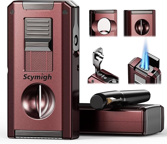 5-in-1 Torch Lighter with Straight & V Cut Cutter, Punch, Holder, Double Jet Flame Windproof Lighters, Butane Refillable Torch Lighters with Accessories Tool, for Men, Candles(Without Gas)