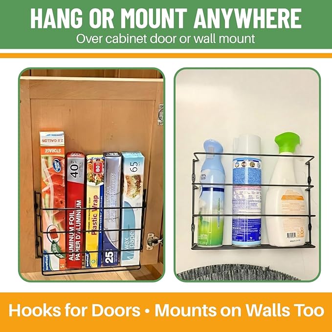 Evelots Kitchen Wrap Organizer - 2 Pack - Hold up to 4 Plastic, Foil, Paper, Wax - Cabinet Door, Wall Rack Basket - Sandwich, Freezer, Food Bag Storage - Laundry Supplies - Black